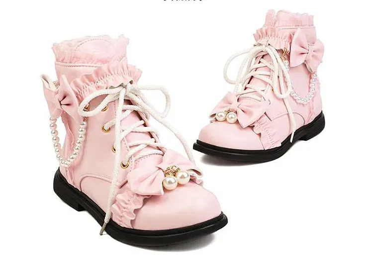 Sohiwoo Japanese Style Sweet Girl Kawaii Lolita Shoes Round Head Flat Bottom Lovely Ruffle Ruffle Pearl Shoelace Plush 2cm Short Boots