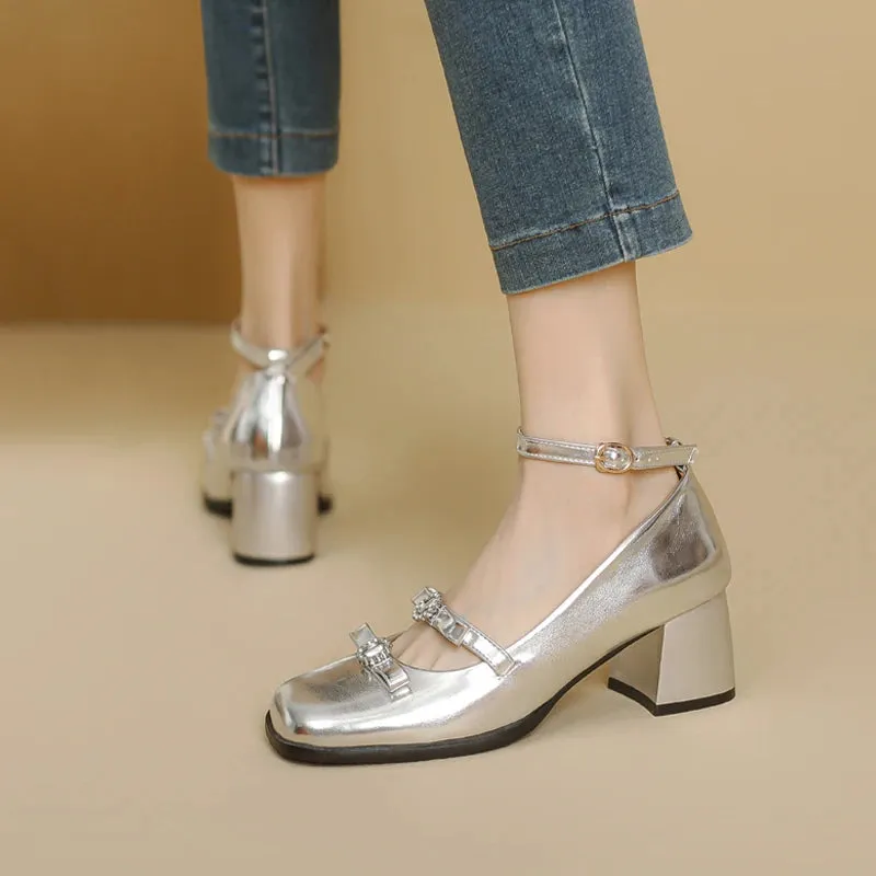 TAVIMART  -  Black Silver Mary Jane Shoes Women Thick High Heels Ankle Strap Buckle Lolita Shoes School Uniform Student Girls Pumps 2024 New