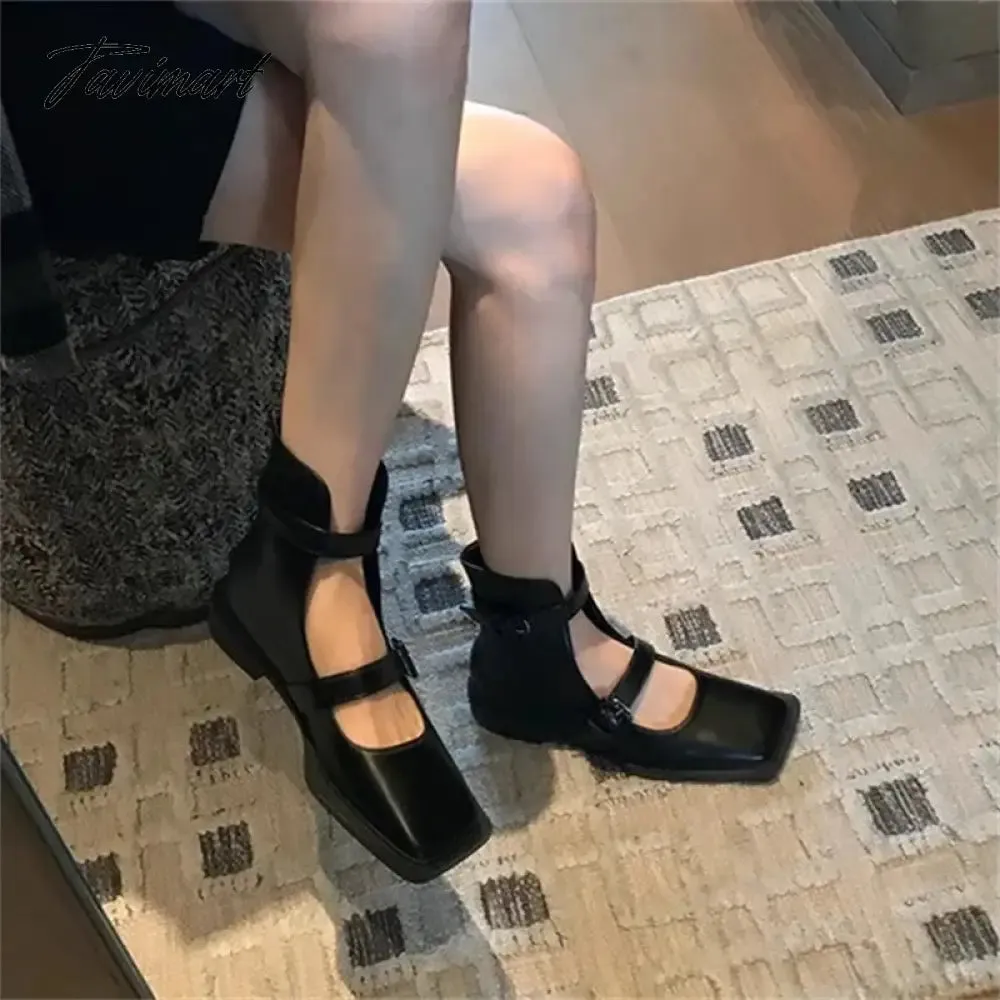 TAVIMART  -  New Black Concise Women's Short Boots Buckle Strap Square Heel Comfy Women Shoes Hand-made 2024 Fashion Zapatos De Mujer