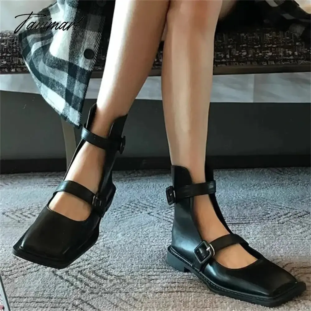 TAVIMART  -  New Black Concise Women's Short Boots Buckle Strap Square Heel Comfy Women Shoes Hand-made 2024 Fashion Zapatos De Mujer
