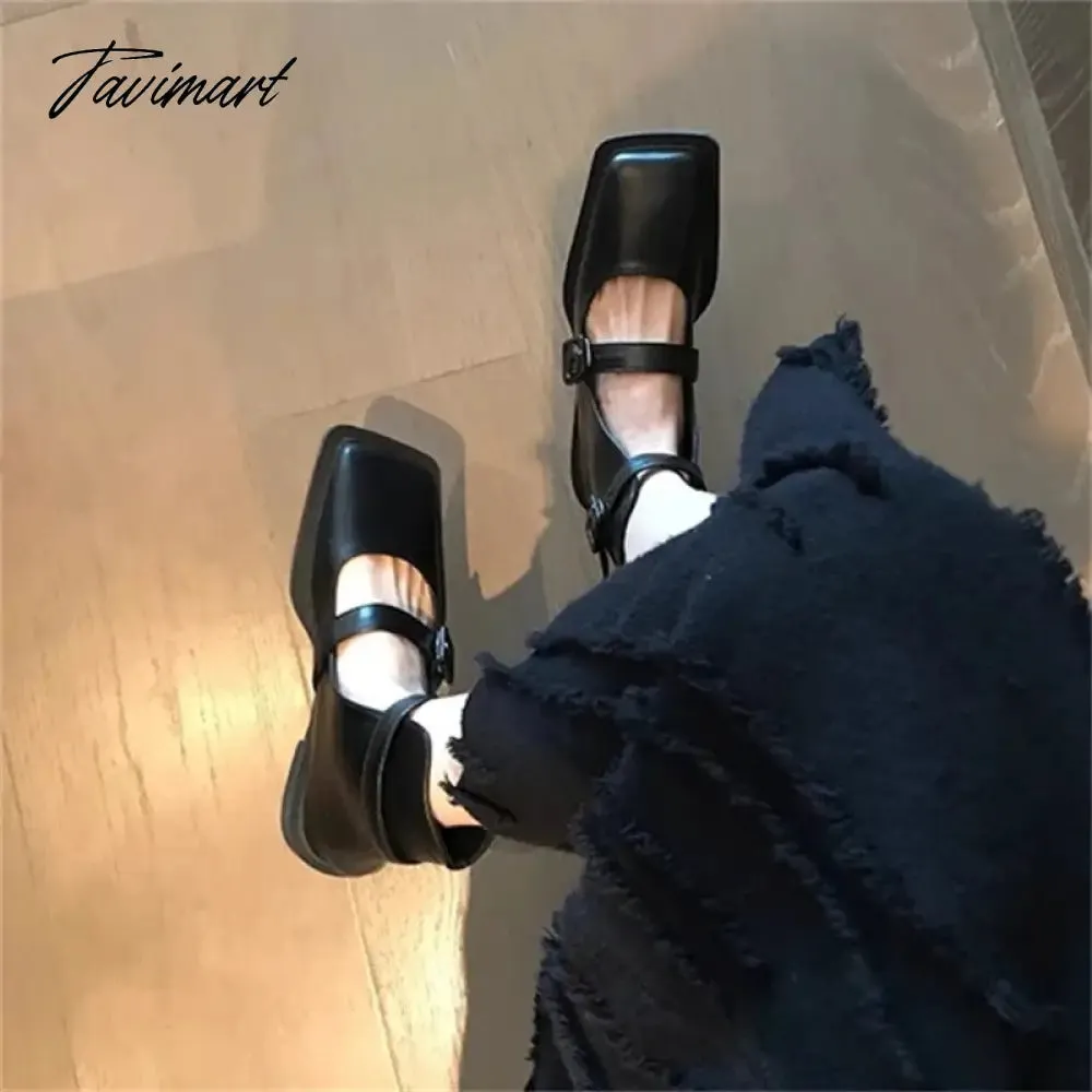 TAVIMART  -  New Black Concise Women's Short Boots Buckle Strap Square Heel Comfy Women Shoes Hand-made 2024 Fashion Zapatos De Mujer