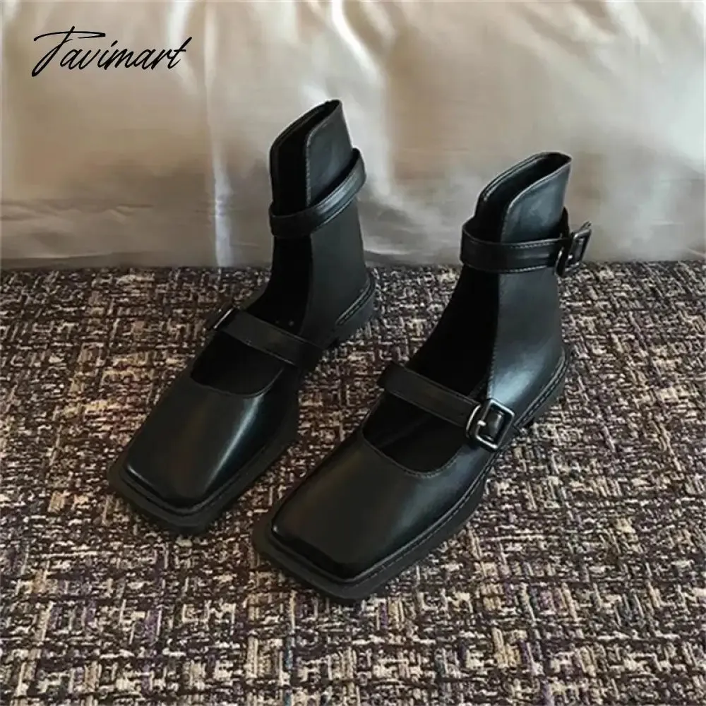 TAVIMART  -  New Black Concise Women's Short Boots Buckle Strap Square Heel Comfy Women Shoes Hand-made 2024 Fashion Zapatos De Mujer