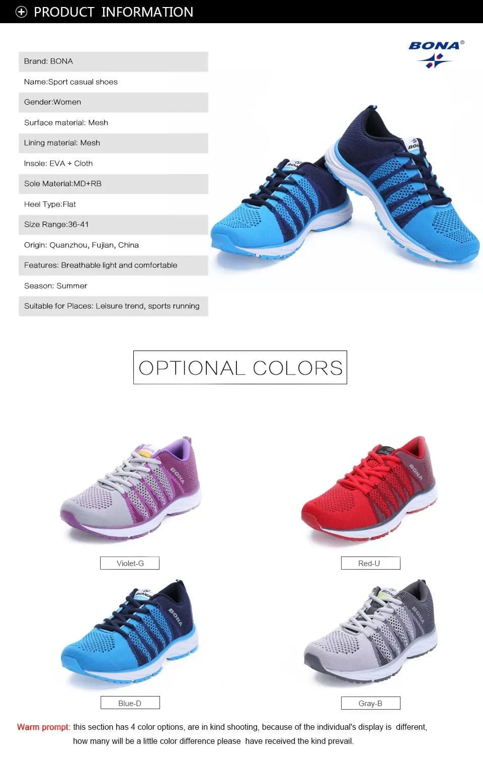 Women's Breathable Mesh Running Shoes - Lightweight and Stable for Marathon Distance - Bona 33631